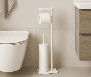 מעמד נייר טואלט עם מברשת ומדף לבן