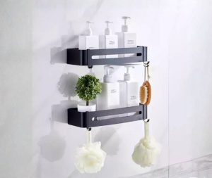 זוג מדפים למקלחת בהדבקה צבע שחור מט