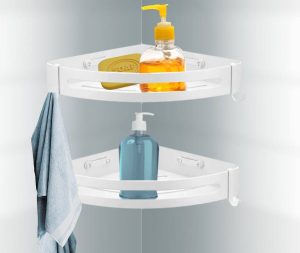 זוג מדפים פינתיים למקלחת בהדבקה צבע לבן