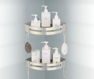 זוג מדפים פינתיים למקלחת בהדבקה צבע ניקל מוברש