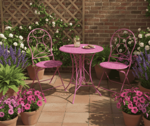 סט גינה מתכת בגוון ורוד מסטיק שולחן ו-2 כסאות