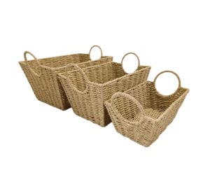 סט 3 סלי אחסון מלבניים עם ידיות גוון טבעי