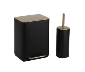 סט לאמבטיה פח אשפה 6 ליטר שחור ומברשת אסלה זהב