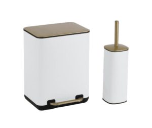 סט לאמבטיה פח אשפה 6 ליטר לבן ומברשת אסלה זהב