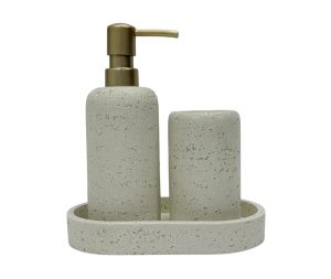 סט דיספנסר מעמד למברשת שיניים ומגש דמוי שיש טבעי צבע קרם