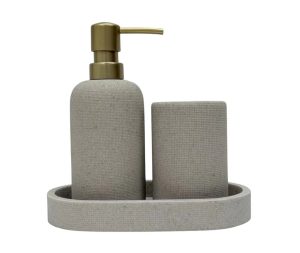 סט דיספנסר מעמד למברשת שיניים ומגש דמוי שיש צבע בז' פסים