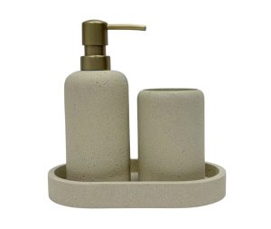 דיספנסר+מעמד למברשת שיניים+מגש אובלי פוליריזין דמוי שיש צבע קרם חורים עדינים משאבה זהב