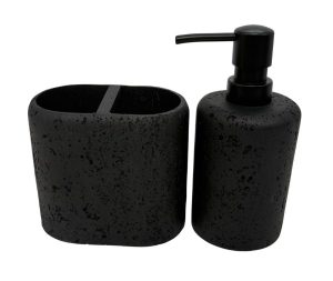 סט דיספנסר מעמד למברשת שיניים מגש אליפטי דמוי שיש צבע שחור