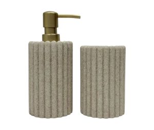 סט דיספנסר מעמד למברשת שיניים דמוי שיש פסים צבע קרם