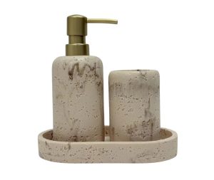 סט דיספנסר מעמד למברשת שיניים מגש אובלי דמוי שיש צבע אבן מארבל